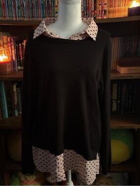 Adrianna Papell 2-fer Pink w/Black Hearts Print Blouse Under Black Sweater